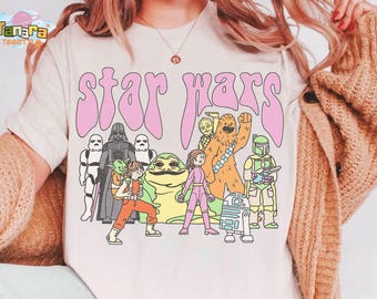 Camiseta com pôster psicodélico do grupo de personagens de Star Wars, top curto, presente para a família Galaxy's Edge, design do Stormtrooper Chewie R2-D2 de Darth Vader