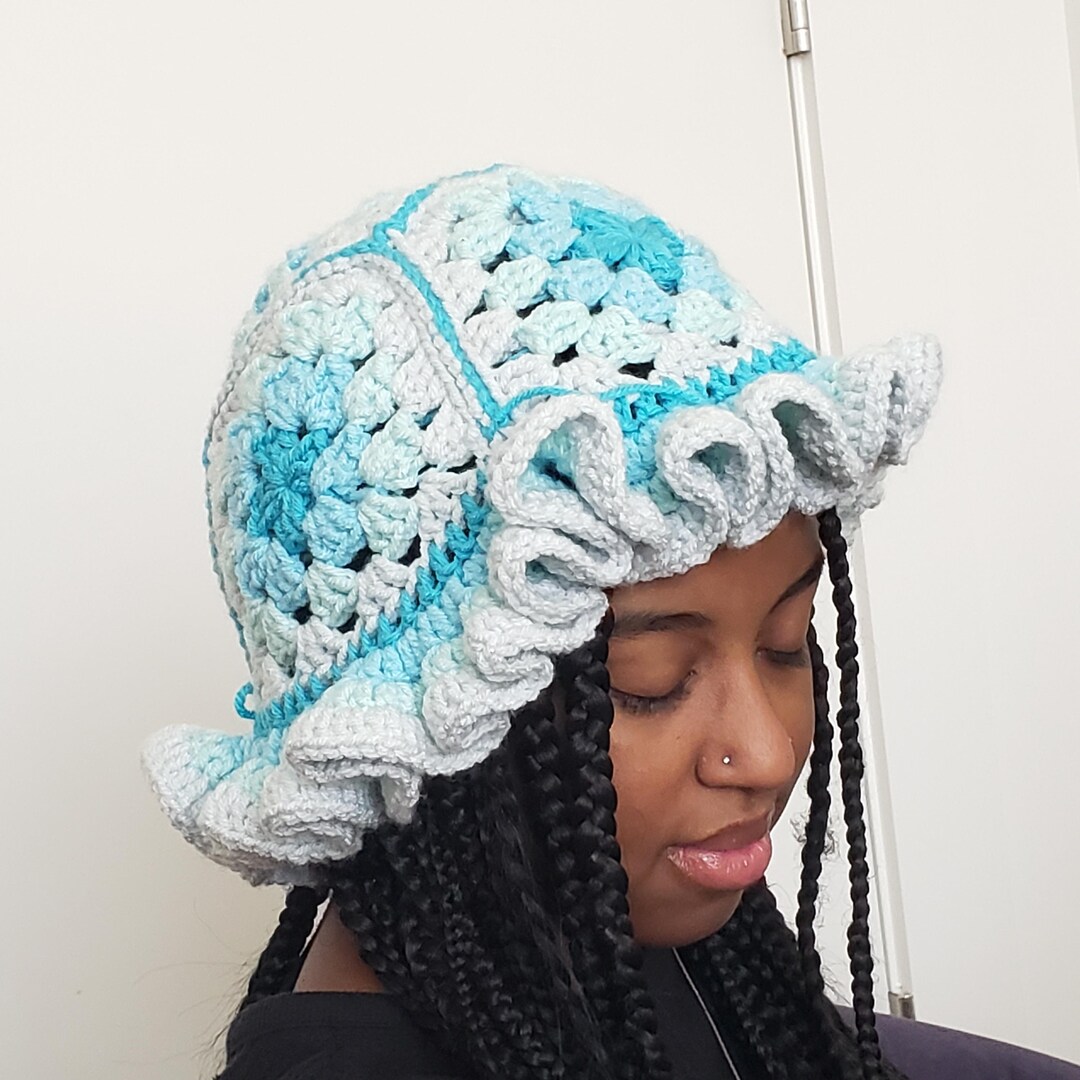 Crochet Ruffle Hat, Granny Square Bucket Hat, Crochet Beanie, Crochet ...