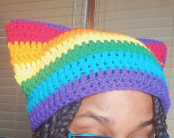 Rainbow Cat Hat, Crochet Cat Beanie,  Crochet Hat, LGBT Pride Merch, Queer Owned Business