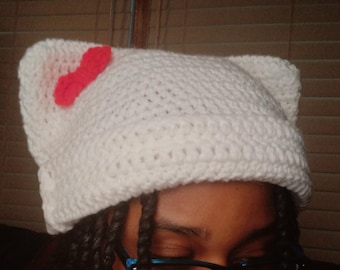 Cat Hat with Bow, Crochet Cat Beanie,  Crochet Hat, Custom Cat Hat, Custom Crochet Hat