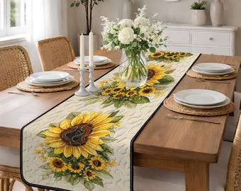 Sunflower Quilted Table Runner, Yellow Floral Farmhouse Decor, Rustic Cream Patchwork Table Runner, Country Summer Flower Quilt Runner