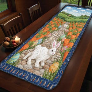 以下が含まれることがあります： オレンジ色のニンジン畑の中の石畳の道を走る白いウサギが描かれた、キルト加工されたイースターテーブルランナー。ランナーは、ニンジンとウサギのデザインの青い縁取りがあり、イースターエッグが散りばめられています。