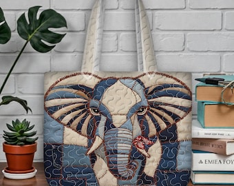 Elephant Patchwork Quilted Tote Bag, Blue and Tan Quilt Art Purse, Bohemian Elephant Handbag, Large Capacity Tote, Unique Gift for Women