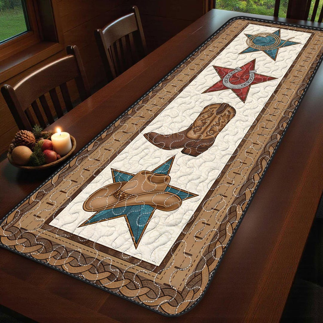 Western Rustic Table Runner Western Star and Boot Quilted Table Runner, Rustic Cowboy Horse Theme ...