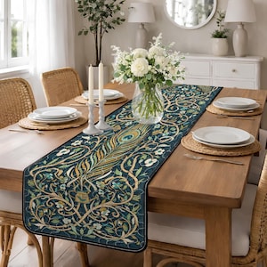 Peacock Feather Quilted Table Runner, Teal and Gold Floral Art Table Decor, Elegant Nature Theme Patchwork Quilt, Luxury Dining Home Decor