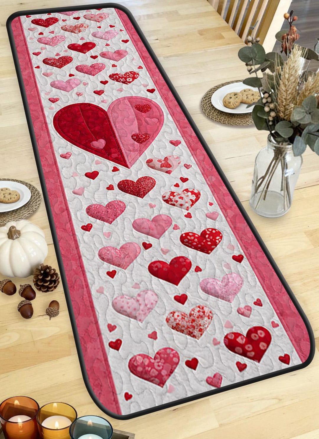 Scattered Patchwork Pink Red Scattered Hearts Quilted Table Runner, Romantic Valentine ...