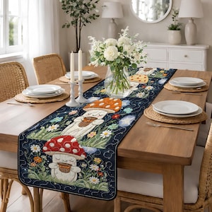 May include: A whimsical table runner featuring a dark blue background with a repeating pattern of cartoon mushrooms, flowers, and greenery. The mushrooms have red, orange, and white caps. The runner is placed on a wooden dining table with place settings.