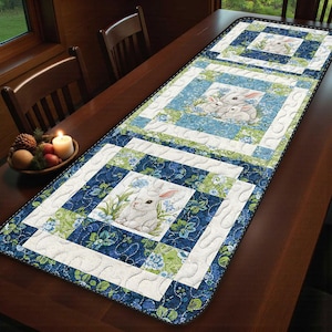 Blue Floral Bunny Quilted Table Runner, Spring Rabbit Patchwork Quilt, Farmhouse Easter Table Decor, Blue White Green Dining Room Runner