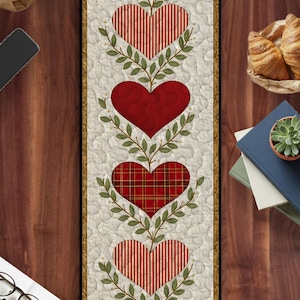 Multi Pattern Heart Quilted Table Runner, Plaid Stripe Red Table Decor, Valentines Day Hearts Centerpiece, Country Patchwork Quilt Runner