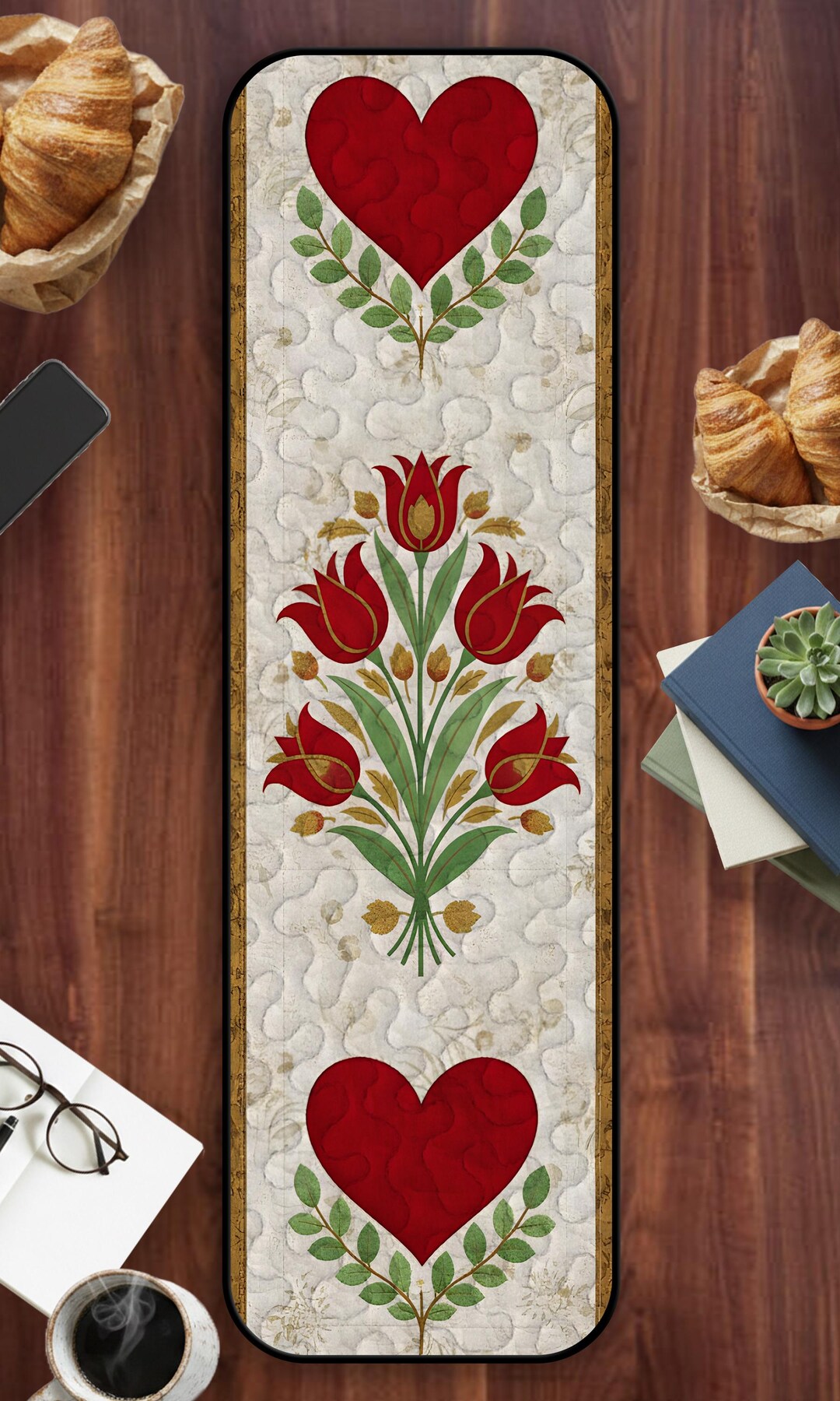 Red Patchwork Table Runner Primitive Red Tulip Quilted Table Runner, Folk Art Heart Table Decor ...