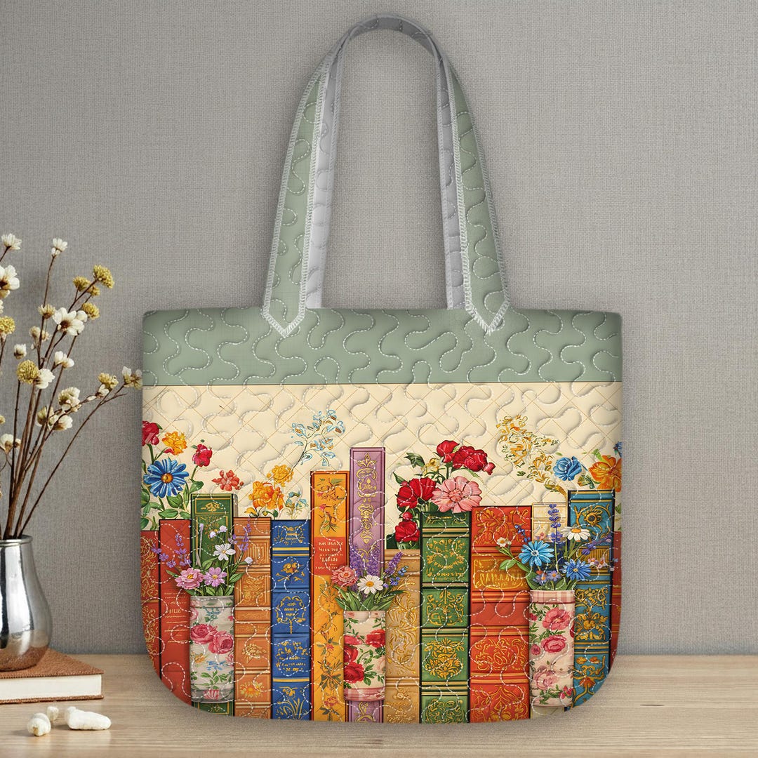 Floral Library Quilted Tote Bag, Pastel Bookshelf Patchwork Quilt Bag ...