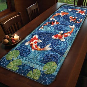 May include: A rectangular table runner featuring a blue water design with koi fish in shades of red, orange, black, and white. The runner also includes green lily pads. The runner is placed on a wooden table.