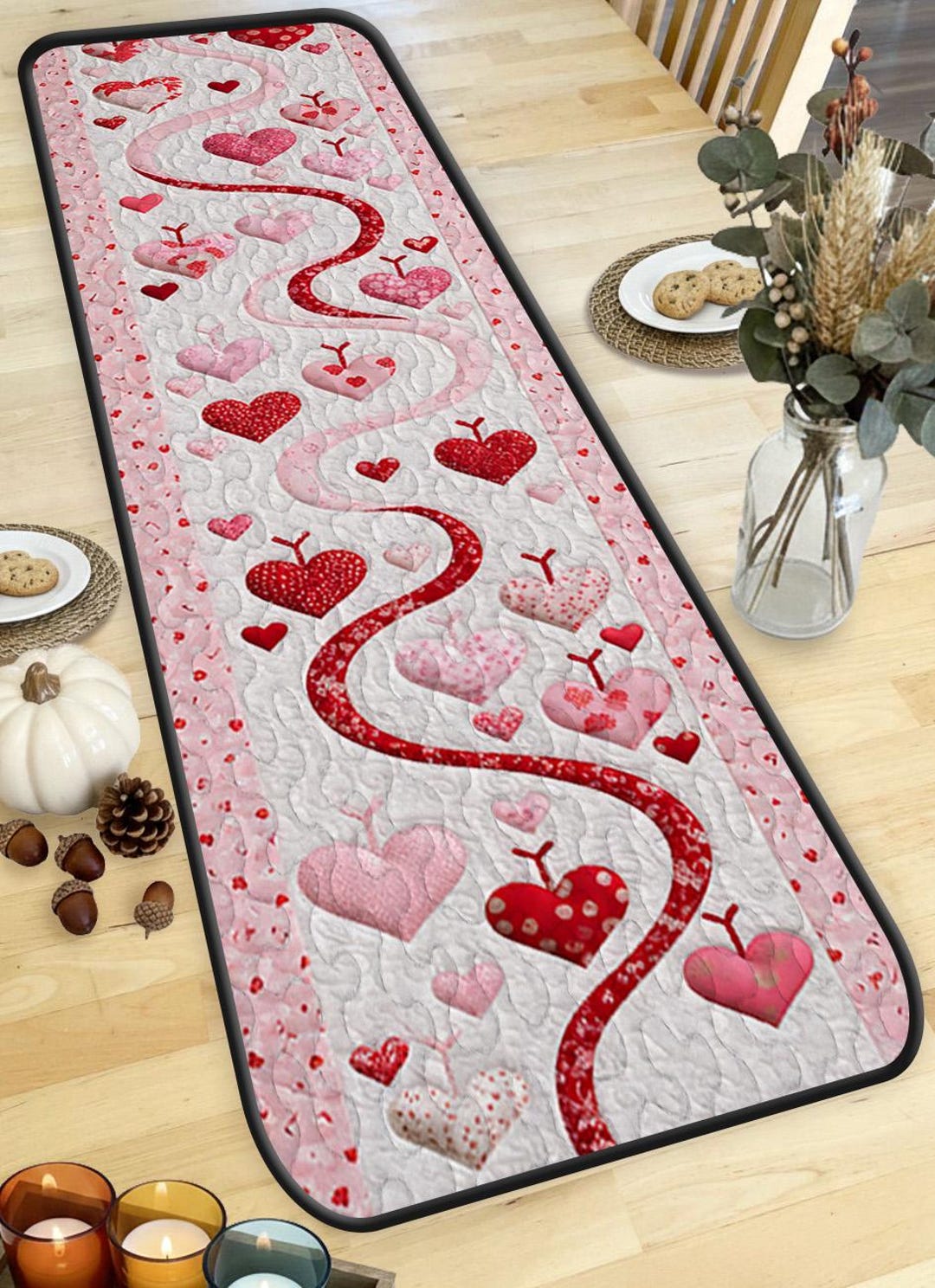Whimsical Heart Ribbon Quilted Table Runner, Pink Swirl Table Decor ...