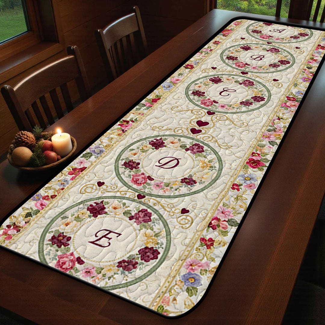 Alphabet Floral Wreath Quilted Table Runner, Monogram Letters A to E ...