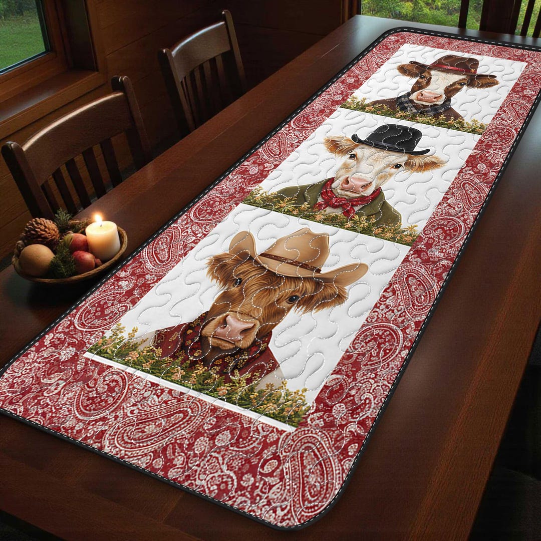 Western Rustic Table Runner Cowboy Cow Quilted Table Runner, Western Farmhouse Kitchen Decor, Red ...