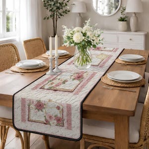 Shabby Chic Letter Quilted Table Runner, Pink Rose Journal Table Decor, Vintage Script Home Accents, Romantic Ephemera Quilt Table Runner