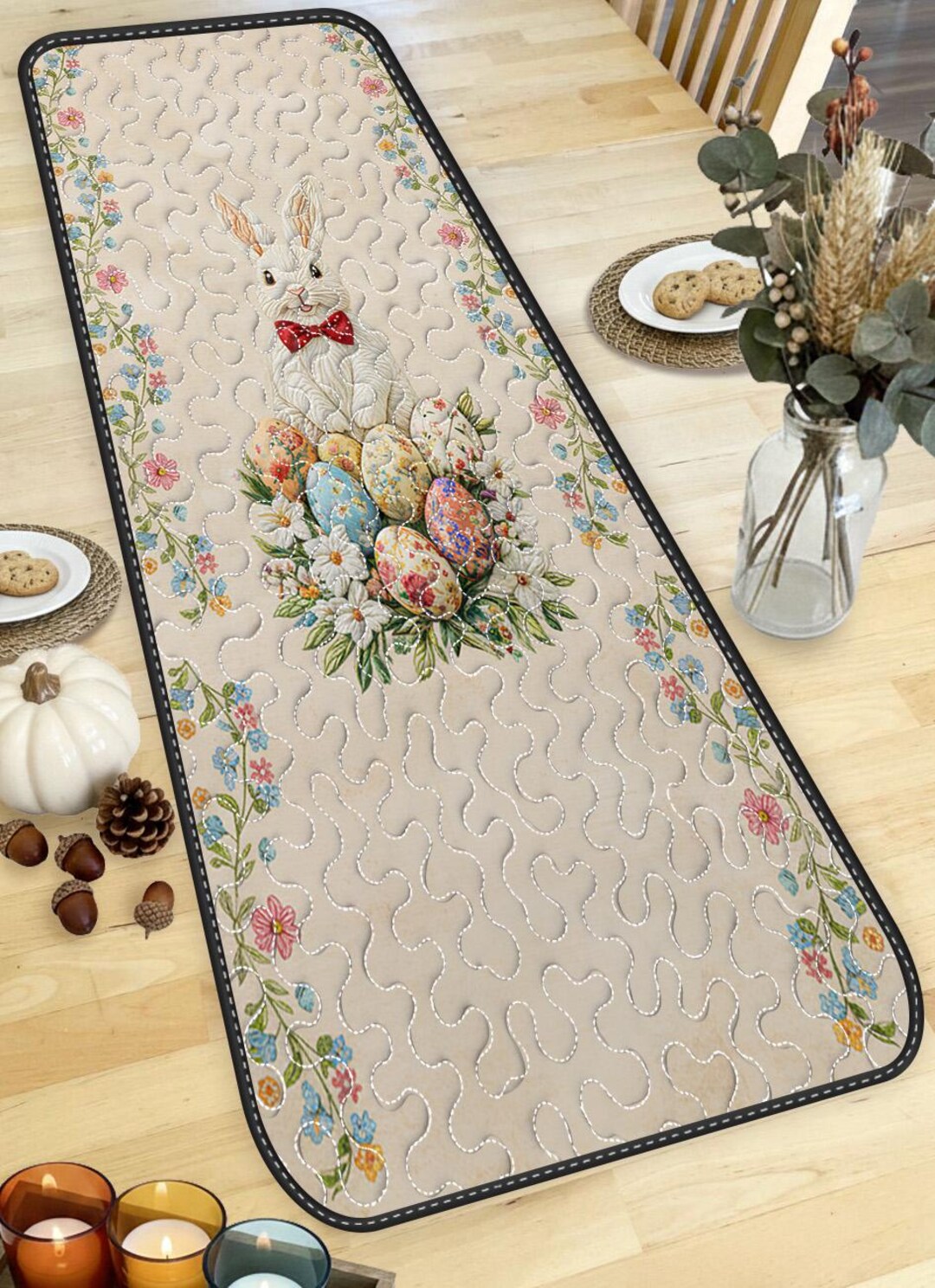 Cmg Rabbit Easter Rabbit With Bow Tie Quilted Table Runner, Spring Floral Egg ...