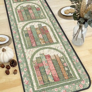 Pastel Floral Bookcase Quilted Table Runner, Soft Green Flower Table Decor, Arched Bookshelf Patchwork Quilt, Cottagecore Home Decor Gift