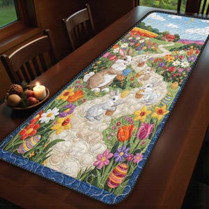 May include: Quilted Easter table runner depicting bunnies with baskets and eggs on a path through a colourful flower garden. The runner has a blue border and is placed on a wooden table.