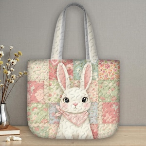 May include: A quilted tote bag featuring a patchwork design in pastel pink, green, and blue floral patterns. The bag has a white bunny face with pink ears and a matching neckerchief. The handles are a light gray.