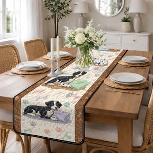 Playful Puppy Quilted Table Runner, Black and White Dog Print Decor, Paw Print Patchwork Quilt Runner, Cute Canine Nursery Dining Room Decor