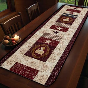 May include: A rectangular table runner with a patriotic theme. The runner features alternating panels of cream floral fabric, burgundy patterned fabric, and striped fabric. It has star and portrait medallions.