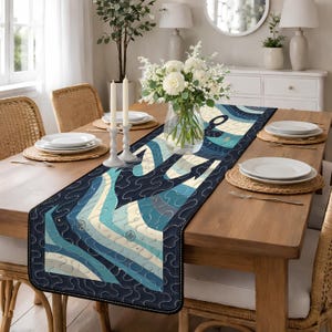 Modern Abstract Waves Quilted Table Runner, Blue and Teal Geometric Table Scarf, Contemporary Coastal Patchwork Quilt, Artisan Table Decor