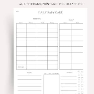 Ultiem babyverzorgingslogboek en dagelijkse tracker: afdrukbaar dagboek pasgeborene, oppasrapport, overzicht kinderopvang, directe pdf-download