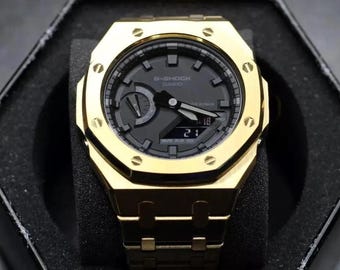 Złoty i czarny zegarek Casio G-Shock GA-2100 Mod ze stalową bransoletą
