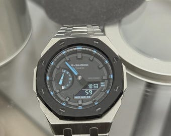 Casioak Mod Custom Metal Watch Casio G-Shock GA-2100 Silver-Black Bezel GA2100
