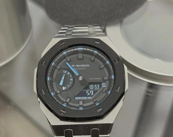Casioak Mod Custom Metal Uhr Casio G-Shock GA-2100 Silber-Schwarz Lünette GA2100