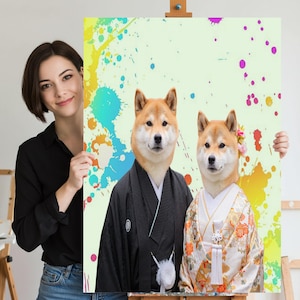 Shiba Inu Couple in Traditional Japanese Attire, CustomPetPortrait, PetArt, Japanese dog, PetFashion, Japanese style, Home Decor, Kimono