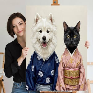 Dog and Cat in Kimono, CustomPetPortrait, Dog Portrait, PetArt, Japanese dog, PetFashion, Japanese style, Home Decor, Traditional clothing,