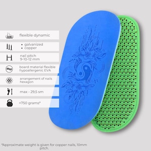 May include: Two foot massage boards, one blue and one green. The blue board has a floral design and a yin-yang symbol. The green board is covered in small, evenly spaced protrusions. Made from flexible, hypoallergenic EVA. Nail pitch is 9-12 mm, max length 29.5 cm, and weighs approx. 750 grams.
