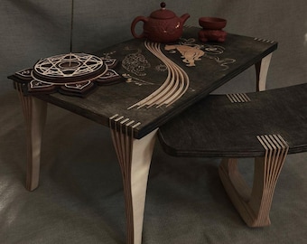 Handcrafted Meditation Set: Ergonomic Kneeling Bench & Plywood Altar Table | Yoga, Spiritual Zen Decor, Eco-Friendly Wood Gift