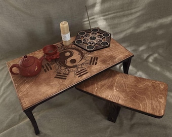 Meditation Table and Kneeling Bench Set - Wooden Yoga Furniture