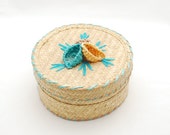 Vintage Hawaiian Souvenir Sewing Basket - Catch All Basket - Woven Raffia Straw- 1970's - Floral Hawaian Print Fabric Liner
