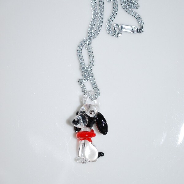 Vintage Blown Glass Beagle Dog Necklace with Red Collar - Germany - Mid Century - Snoopy