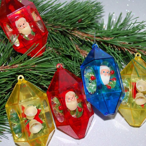 Vintage 1960's Bright Plastic Shadowbox Christmas Ornaments - Collection of 5