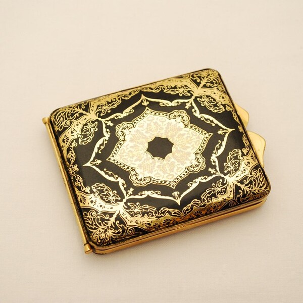 Vintage Italian "Leather School"  Black Leather Makeup Mirror Compact - Gold Embossed - New Never Used 1960's Italy Souvenir Signed Numbered