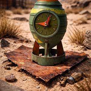 Puede incluir: Un reloj original con forma de bomba, verde oliva y naranja. La esfera verde muestra números negros y agujas rojas. Se apoya sobre una base metálica oxidada, con casquillos de bala esparcidos.