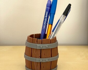 Rustic Barrel Pen Holder: Wood & Metal Look Desk Organizer