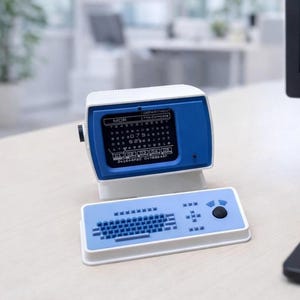 May include: A small blue and white computer with a matching keyboard and a black computer keyboard. The miniature computer has a screen displaying text and numbers. The keyboard has a small joystick and a few buttons.
