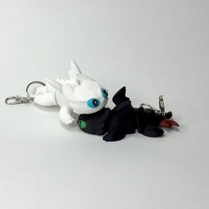 Könnte beinhalten: Zwei Drachen-Schlüsselanhänger. Einer ist weiß mit blauen Augen und einem silbernen Schlüsselanhänger. Der andere ist schwarz mit grünen Augen und einer roten Zunge, ebenfalls mit einem silbernen Schlüsselanhänger. Die Drachen liegen auf einer weißen Oberfläche.