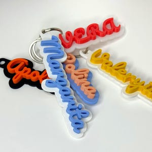 Puede incluir: Un conjunto de llaveros con nombres coloridos. Los llaveros presentan nombres en varios colores, incluyendo rojo, azul, naranja y amarillo, con un contorno blanco. Cada llavero está unido a un llavero plateado.