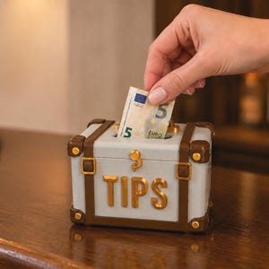 Peut inclure: Une boîte à pourboires rectangulaire blanche conçue pour ressembler à une malle vintage avec des accents de coin marron et des boucles dorées. Le mot TIPS est en relief en grandes lettres dorées sur le devant. Un billet de cinq euros est inséré.