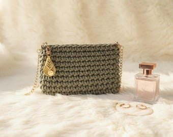 Handmade Cotton Shoulder Bag with Gold Chain, Boho Crossbody Purse Gift for Her, Cottagecore Summer Bag, Artisan Crochet Chic for Women