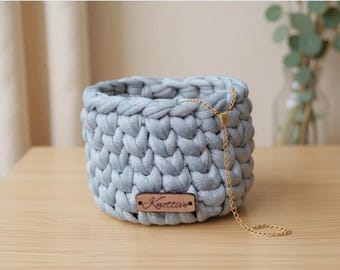 Handmade Crochet Basket with Wooden Base, Boho Rustic Home Decor Organizer, Cottagecore Storage Basket, Farmhouse Housewarming Gift Idea