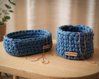 Crochet Basket Set Handmade with Wooden Base, Boho Home Decor Storage, Cottagecore Rustic Organizer, Farmhouse Housewarming Gift Nesting