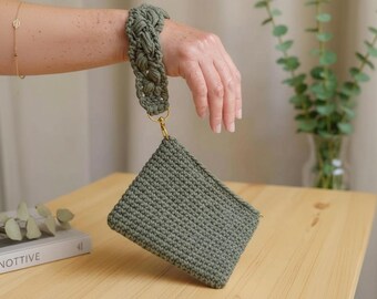Crochet Clutch Handmade, Boho Evening Bag with Braided Wrist Strap, Artisan Summer Purse Gift for Her, Cottagecore Chic Handbag for Women